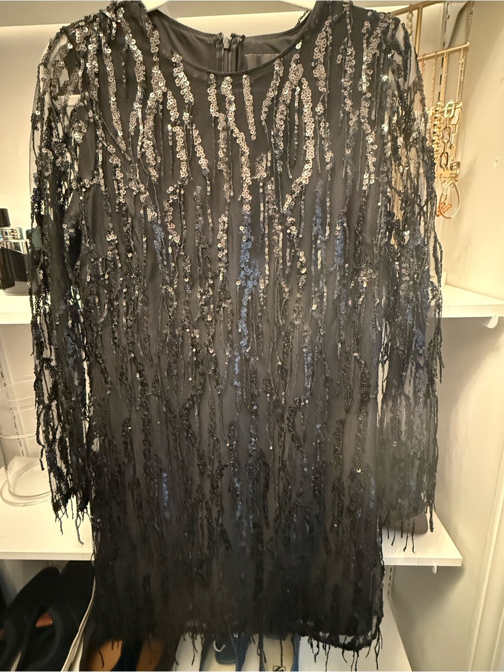 Black Sequin Fringe Long Sleeve Dress